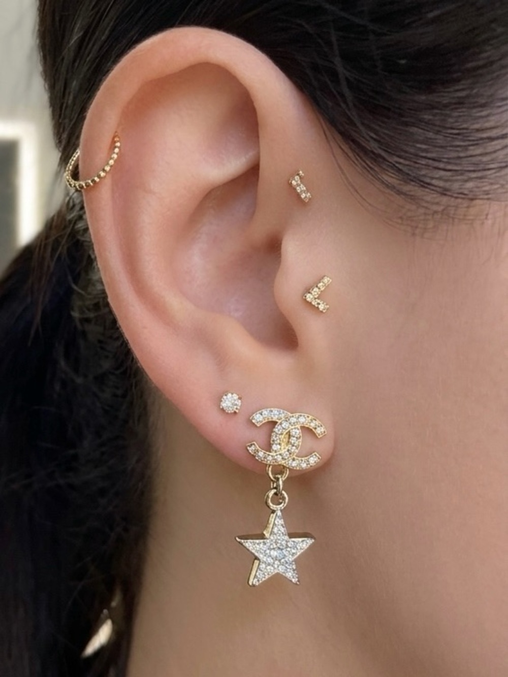 CHANEL Silver/Gold Moon and Star Crystal Drop Earrings - Picture 7 of 8